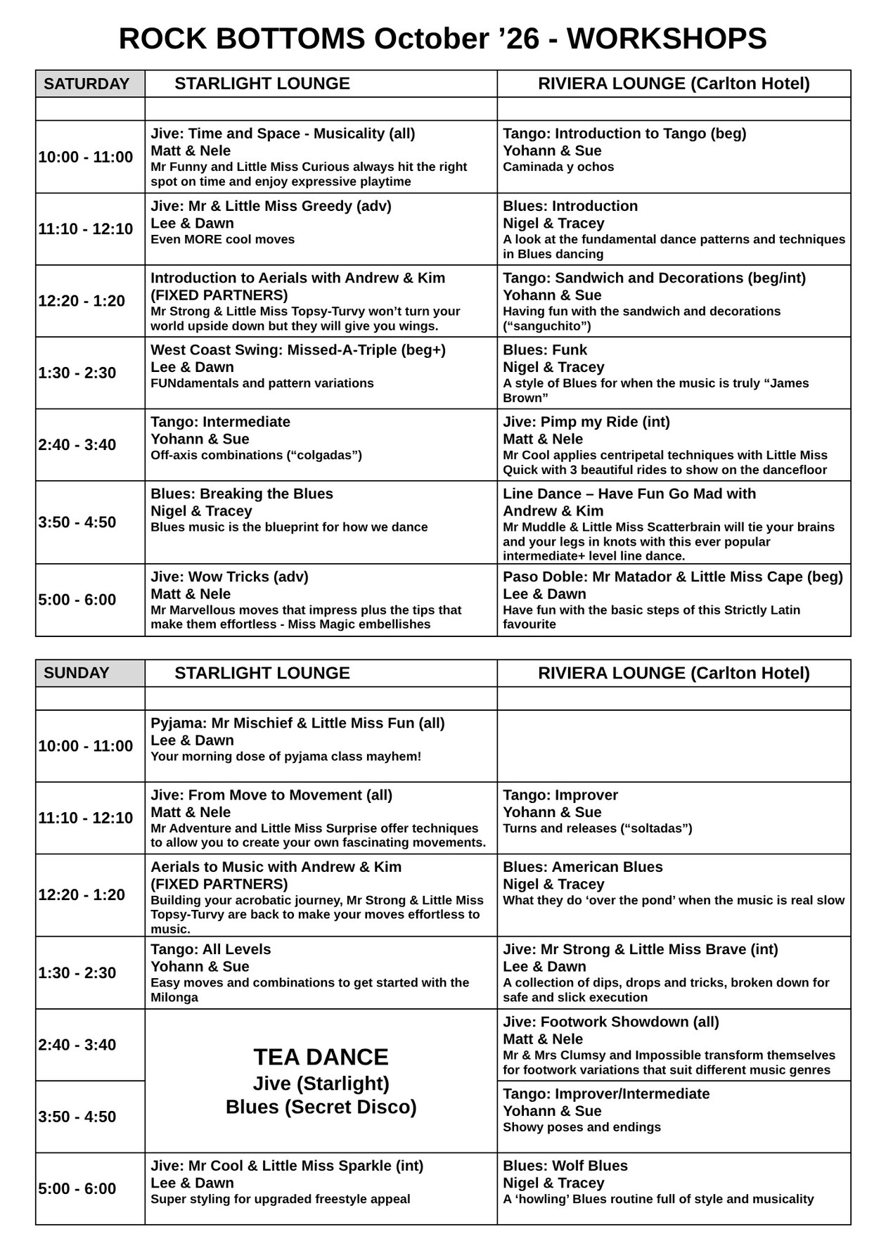 October 2026 workshop schedule