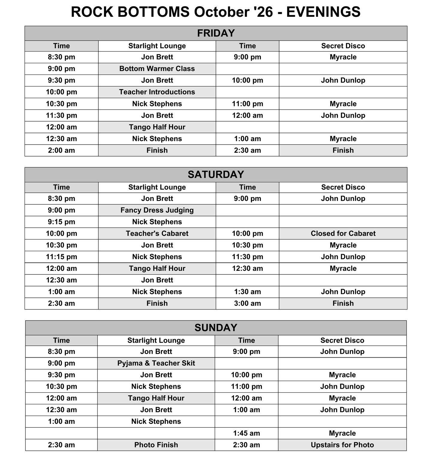 Rock Bottoms October 2026 DJ schedule for Friday, Saturday and Sunday, showing the DJ set times and evening entertainment in each room.