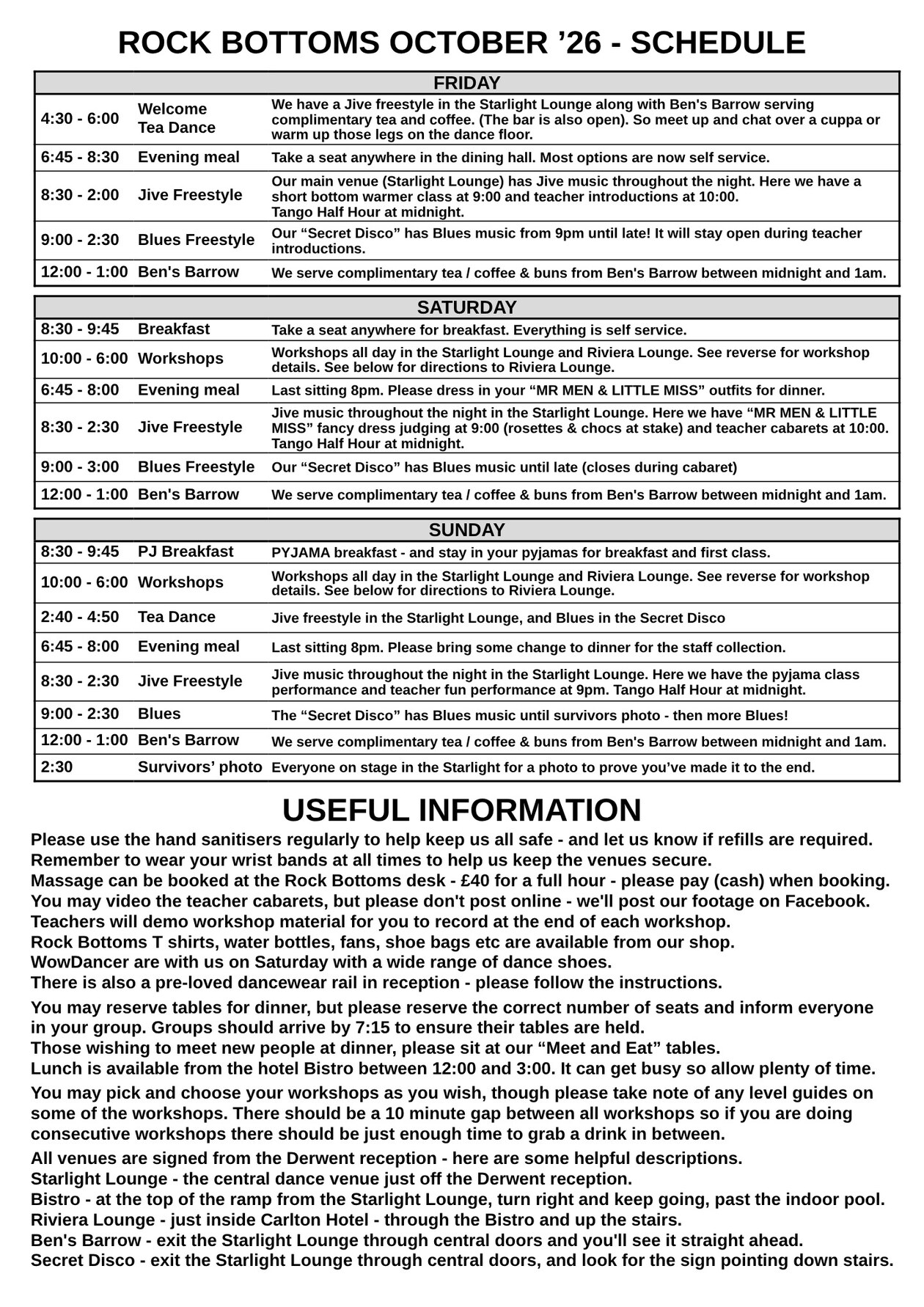 Rock Bottoms October 2026 schedule for Friday, Saturday and Sunday, with useful information. This is page 2 of the schedule.